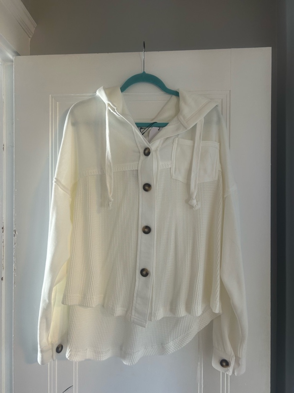 White Button-Up Hooded Waffle Knit Top